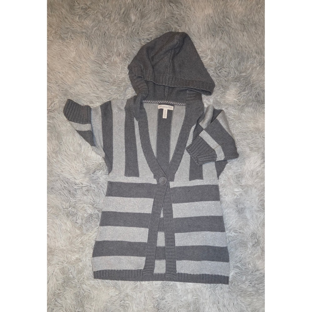 Aeropostale Womens Grey Silver Metallic Striped Hooded Cardigan Sweater Size M